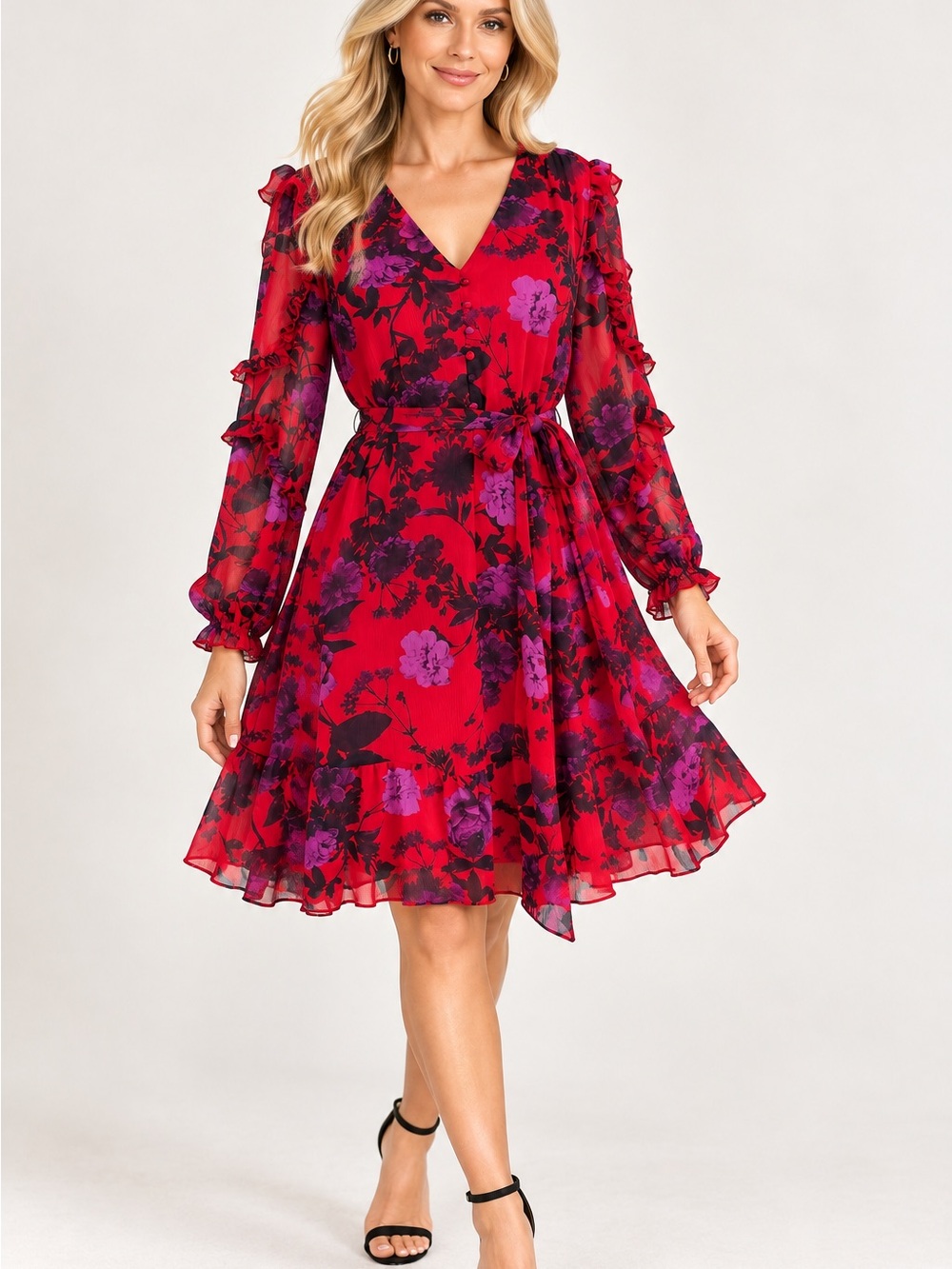 Karl Lagerfeld Red Floral Wrap Dress with Purple Blooms size12-14